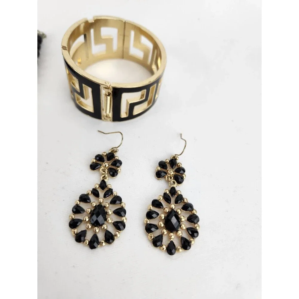 Gold‎ Tone Black Floral Beaded Statement Necklace Clasp Bracelet Earrings